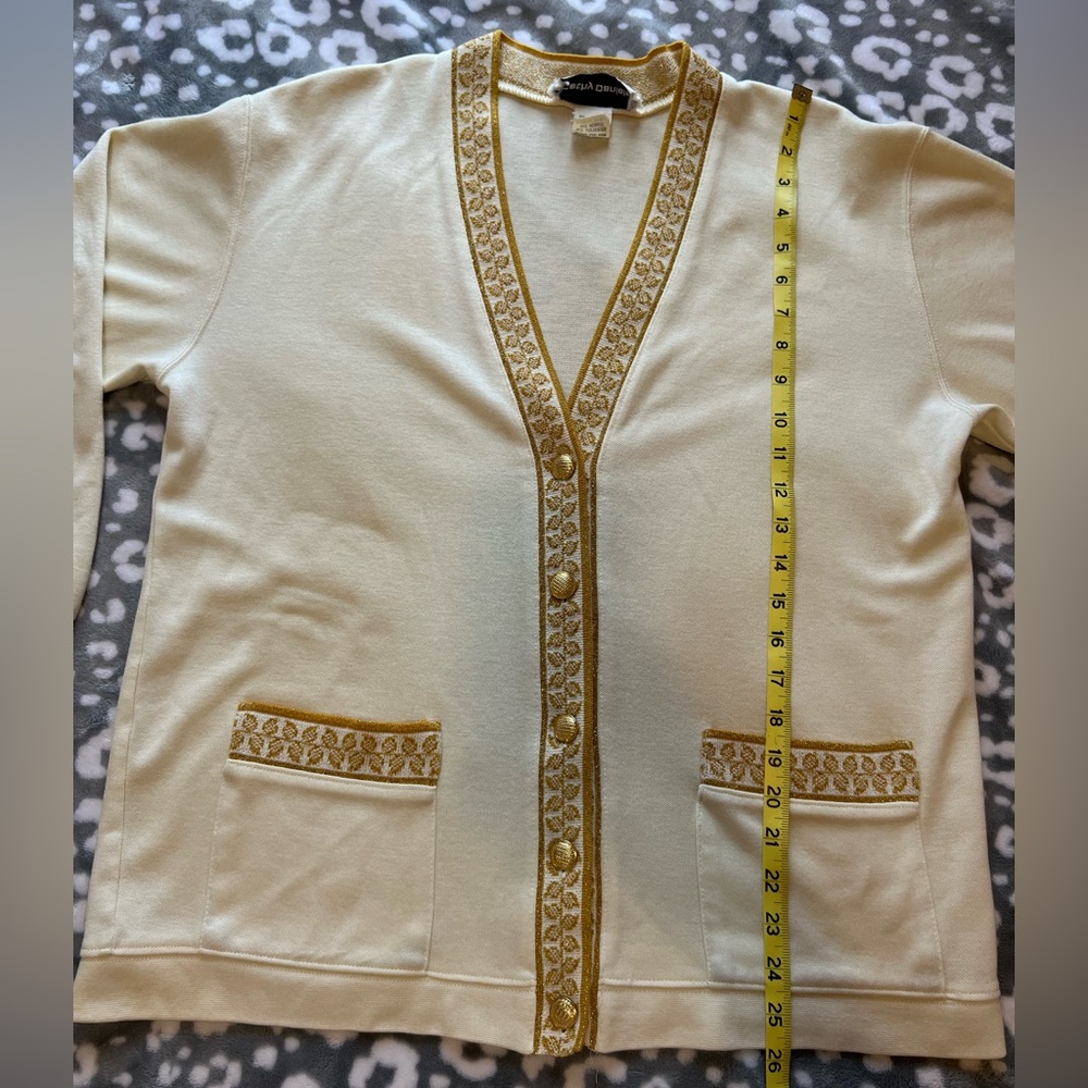 Cathy Daniel’s 90s Vintage Ivory & Gold Trim Cardigan/Size Large - Picture 12 of 14